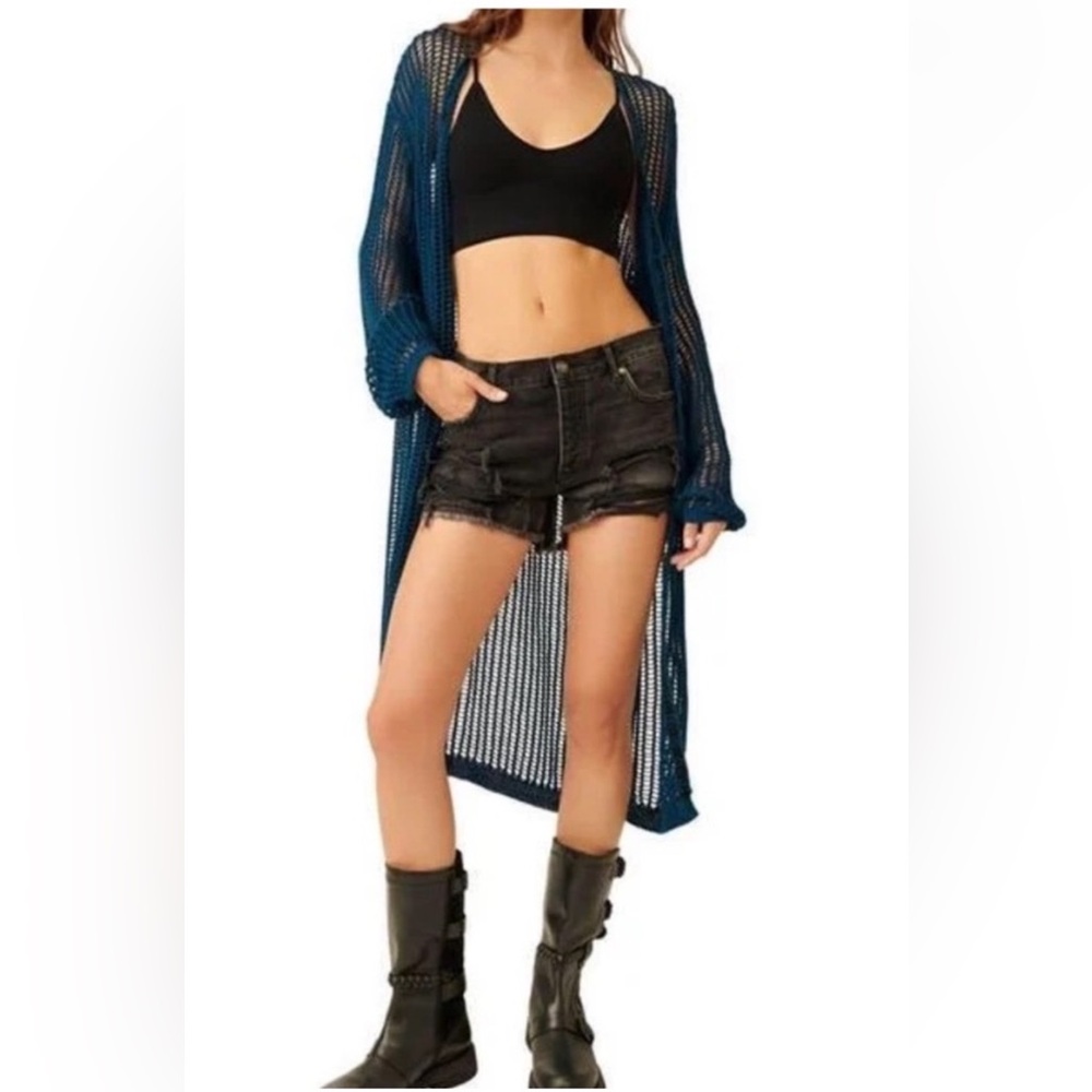 NWT free people size M Lattice open knit long cardigan in blue